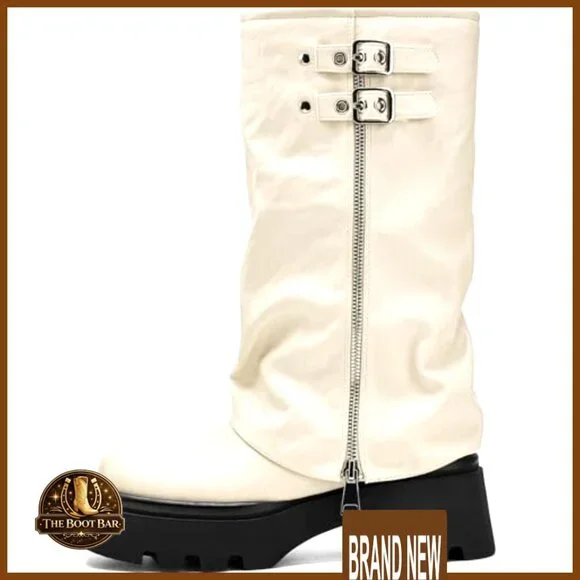 Knee High Boots Chunky Platform Moto Riding Slouchy Fold Over Wide Calf - Picture 4 of 6